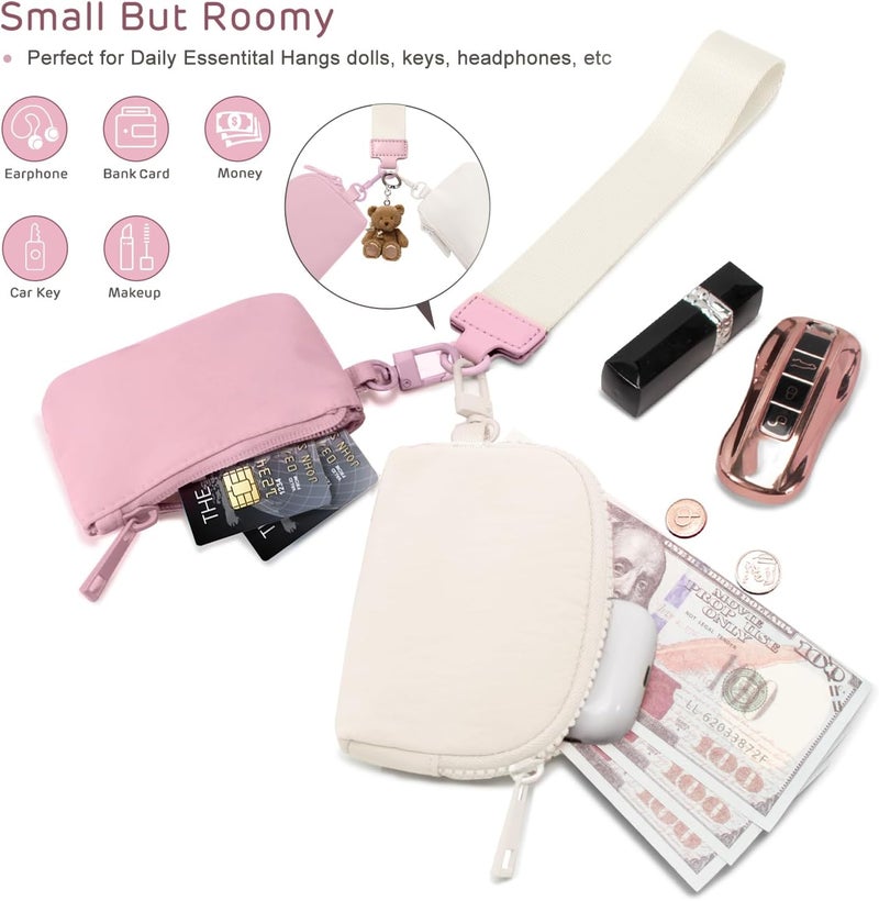 Viverte Mini Zip Around Keychain Wristlet Wallets Small Portable Dual Pounch Wristlet Detachable Coin Purse Pocket Gifts for Women Travel Sports Outdoors(Pink+Cream White) - Image 4